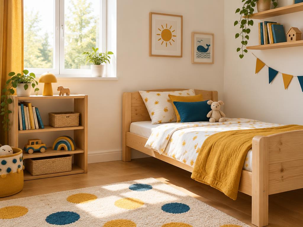Quarto infantil com cama de madeira e estante